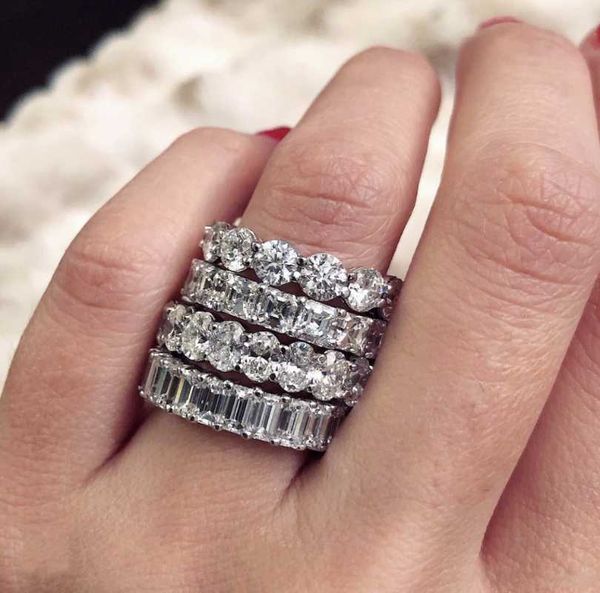 

original band rings set for women men 925 silver pave setting full simulated diamond eternity engagement wedding stone ring cluster, Golden;silver
