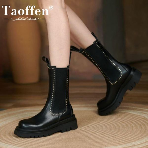 

boots taoffen women mid calf real leather mixed color winter woman shoes fashion cool boot daily ladies footwear size 34-41, Black