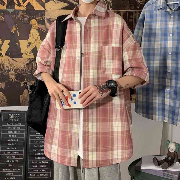 

men's casual shirts summer plaid printing short sleeve shirt male fashion beach lapel collar camisa masculina 7n5f, White;black