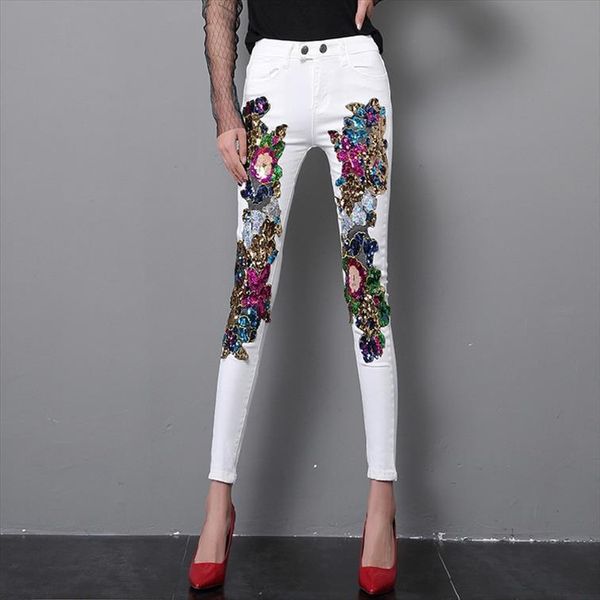 

spring and summer sequins white womens jean denim pants slim all match basic pencil student stretch jeans trousers, Blue
