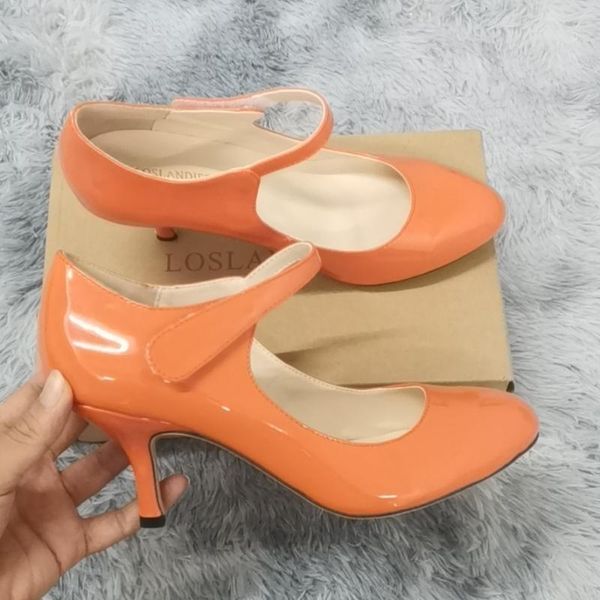 

dress shoes women pumps casual patent leather ankle strap high heels 7cm mid-heeled comfort round shallow mouth work red wedding, Black