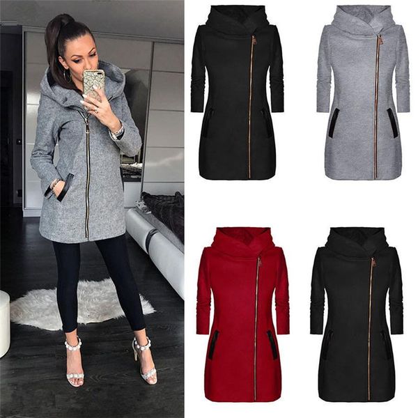 

autumn winter women coats fashion solid color zip up long sleeve hooded jacket coat outerwear hoodies plus size women's jackets, Black;brown