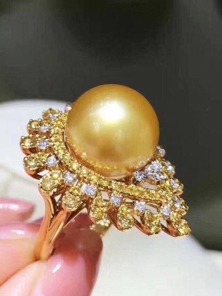 

cluster rings d123 fine jewelry 925 sterling silver natural fresh water 12-11mm golden pearls for women, Golden;silver