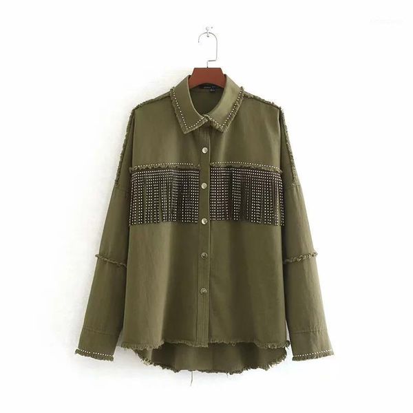 

women's jackets 2021 lapel burr washed tassel metal rivet denim jacket coat, Black;brown