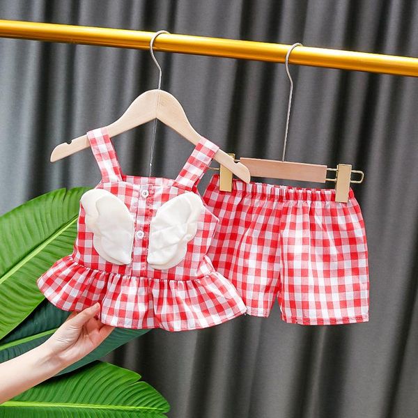 

summer girl clothes sets kids sleeveless clothing outfits plaid sling + shorts 1 2 3 years baby cute wear, White