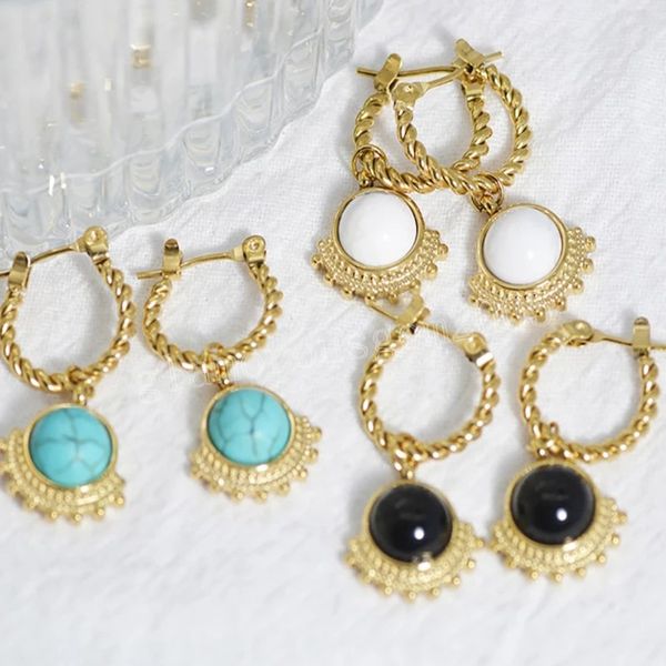 

vintage geometric round natural stone hoop earrings for women bohemia gold stainless steel twist earrings jewelry gifts, Golden;silver