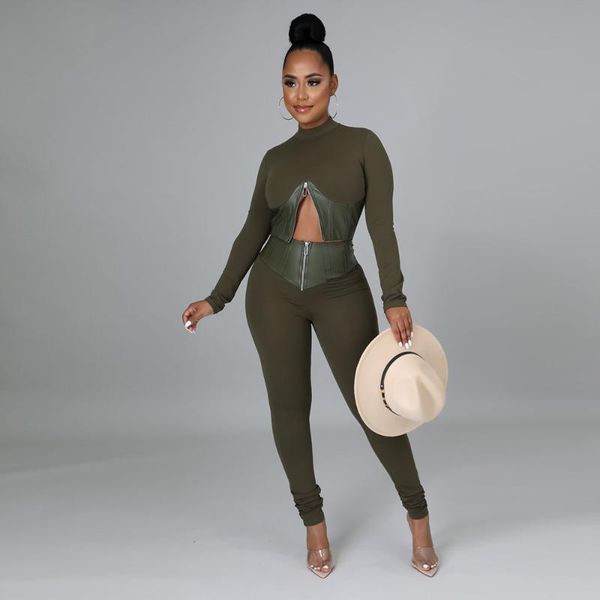 

women's two piece pants faux pu leather tracksuit fall winter clothes for women zipper up long sleeve crop stretchy slim trouser casual, White