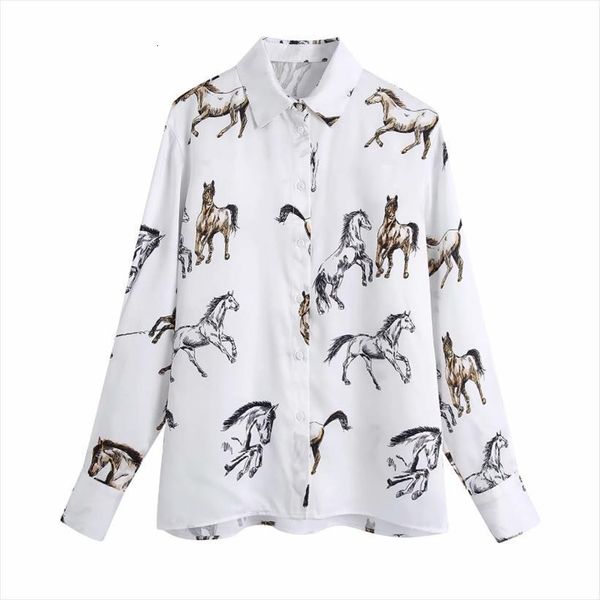 

horse print turndown collar satin womens shirt long sleeve casual lady loose blusas s8162, White