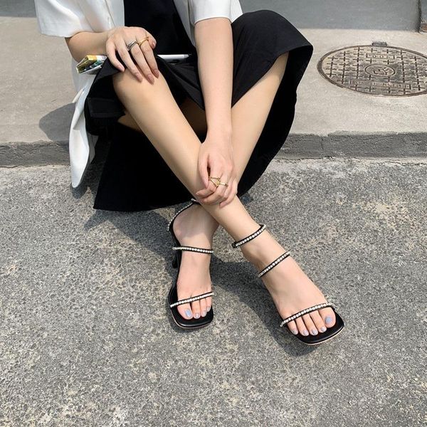 

fashion womens shoes 2021 high heel sandals suit female beige luxury high-heeled comfort girls low rhinestone black crystal buck