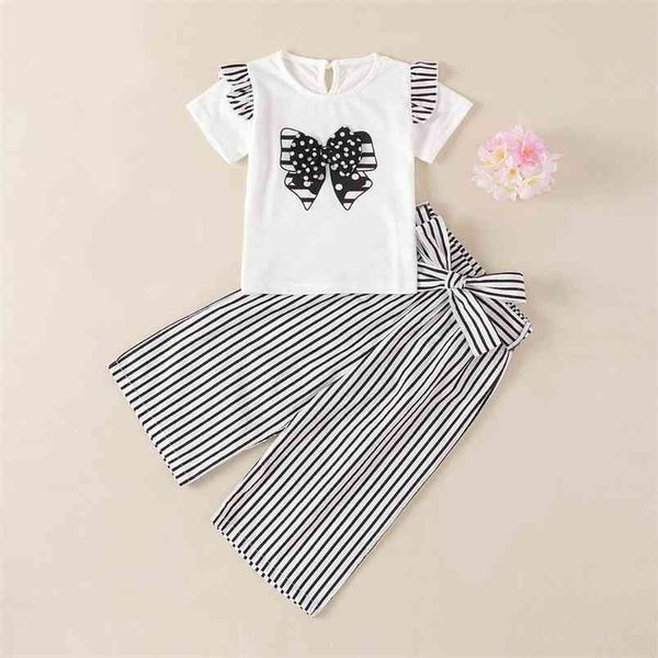 

summer suit bowknot stripe pants 2pcs kids clothes girl children's clothing girls 2-6 years sets for 210528, White