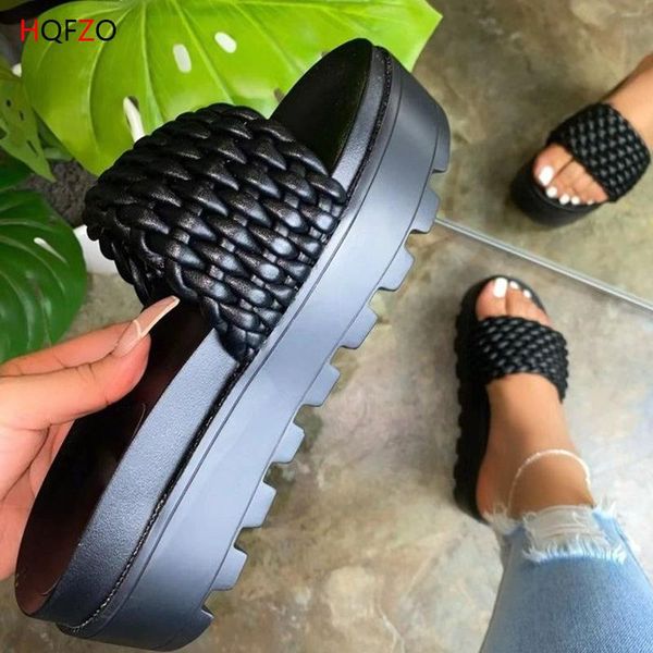 

women slippers open toe leather slides casual sneakers flip flops thick sole heels woven beach summer, Black