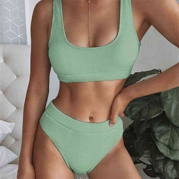 Sexy Knitting Bikini Feminino Swimsuit High Cintura Swimwear Mulheres Conjunto Sólido Dois Peças Banheira Terno Beachwear 210702