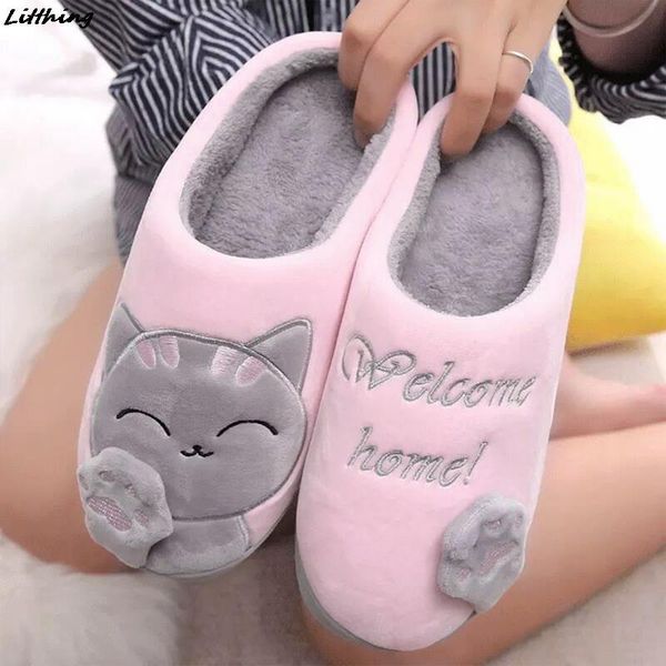 

slippers women winter home plush soft shoes non-slip warm house indoor fluffy slides couples floor, Black