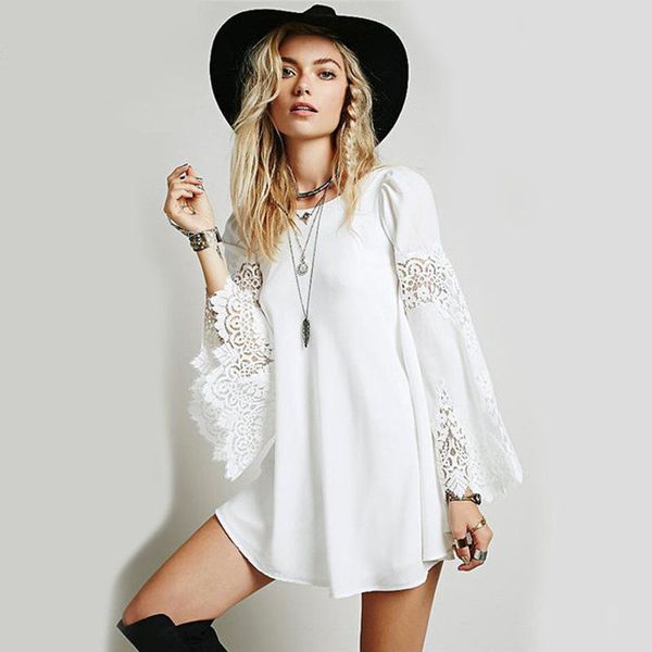 

casual dresses women long sleeved chiffon hollow out lace dress autumn crochet stitching mini white loose a-line vestidos, Black;gray