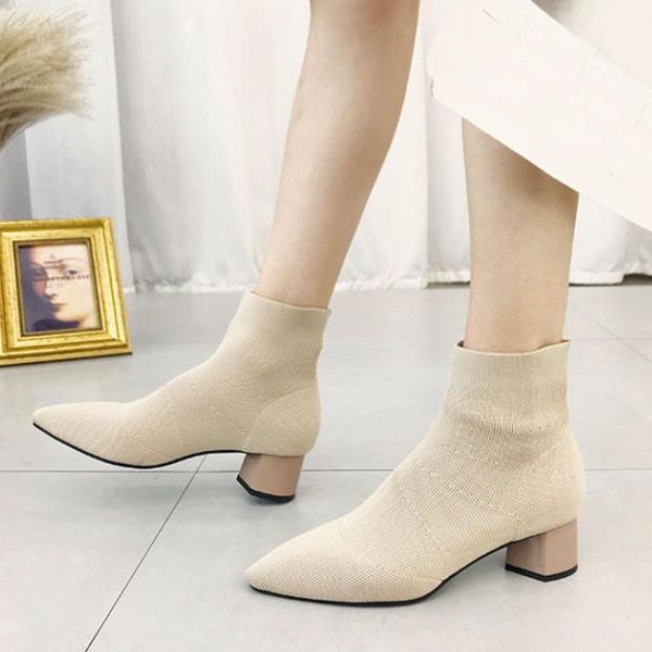 

boots winter women ladies suede sock fashion solid color puppy heel pointed toe square knitting casual women's shoes, Black