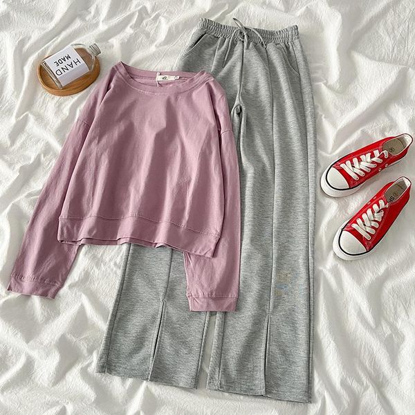

women's two piece pants solid casual pant set women fashion pieces suit femme purple long sleeve sweatshirt + high waist wide leg match, White
