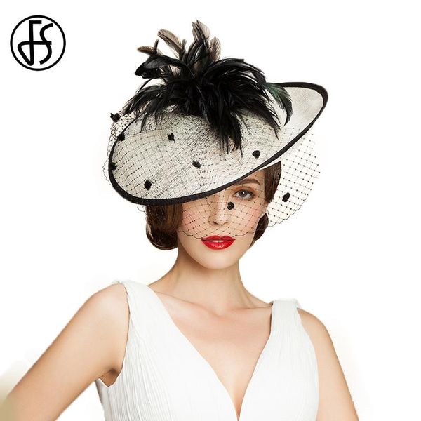 

stingy brim hats fs british style fascinator wedding with veil feather for women elegant hat black white lady linen fedoras, Blue;gray
