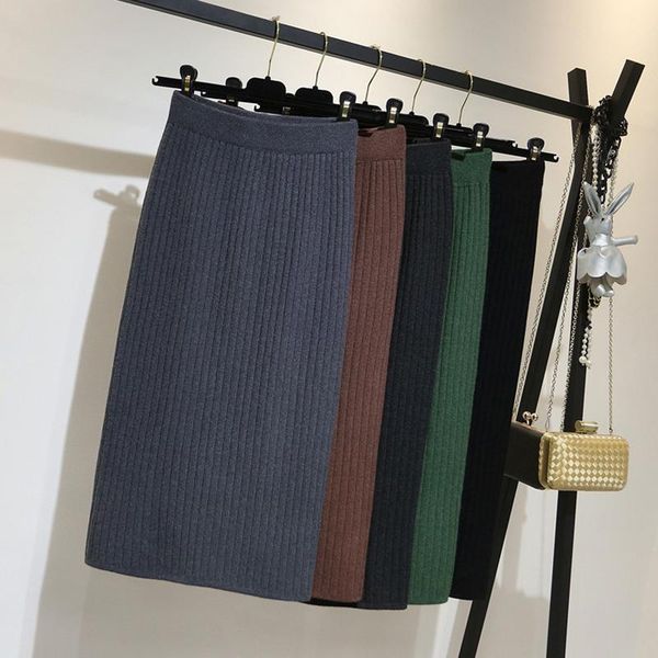 

skirts autumn and winter knitted skirt women casual high waist warm pencil elegant mid-calf 7 colors, Black