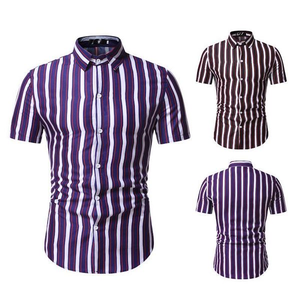 

men's casual shirts men blue striped shirt lapel neck short sleeve button brand chic loose streetwear vacation blouse chemise 2021, White;black