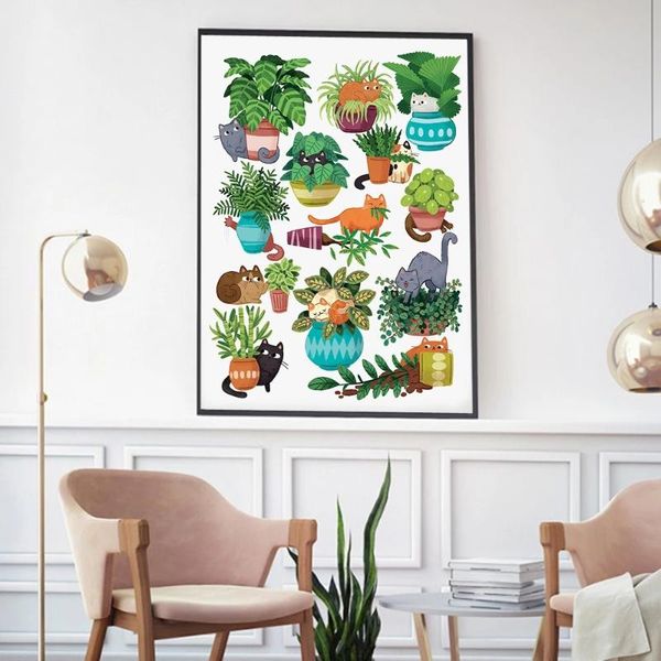 

paintings abstract tropical plants cat wall art canvas painting nordic posters and prints pictures for living room botanical decor