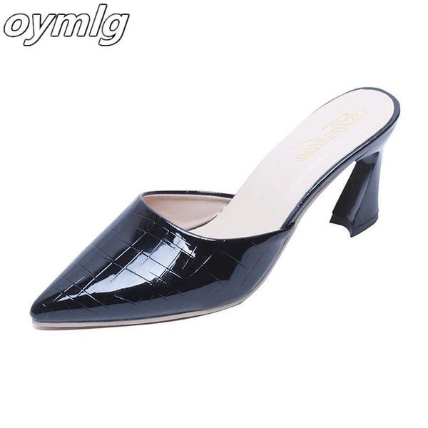

patent leather word sandals female summer korean version wild pointed horseshoe heel thick slippers women, Black