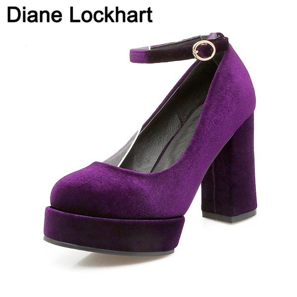 

dress shoes plus size spring fashion velvet high heels woman ankle straps office wedding mary jane green footwear women pumps, Black