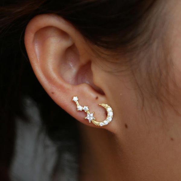 

stud moon star cz earring for christmas gift 925 sterling silver ear climber elegance classic cluster multi piece look style, Golden;silver