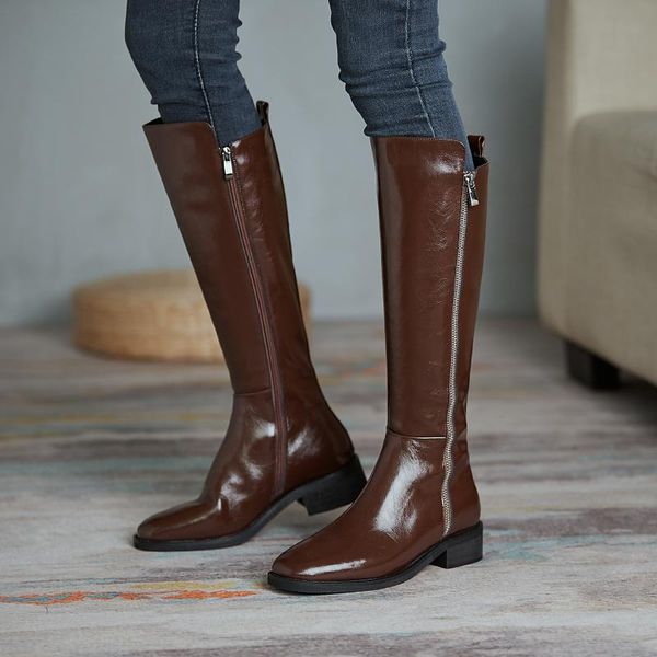 

boots 2021 winter real genuine leather knight women long shoes heel knee, Black