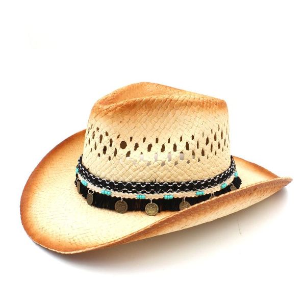 

cloches 100% women men western cowboy hat witht assel ribbon straw lady dad beach sun sombrero cap mesh cowgirl jazz size 58cm, Blue;gray