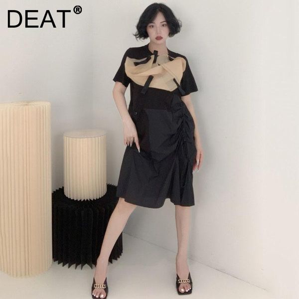 

casual dresses deat 2021 women fashion loose round neck short sleeve patchwork asymmetrical bow folds high waist dress summer autumn 7e349, Black;gray