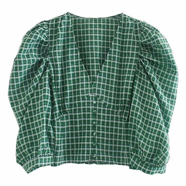 

vintage v neck blouses women fashion green plaid printed shirts elegant half sleeve short female ladies hj women's &, White