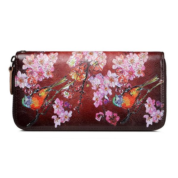 

wallets colorful flower women leather purse large genuine wallet clutch female handy wristlet phone pouch bag lady, Red;black