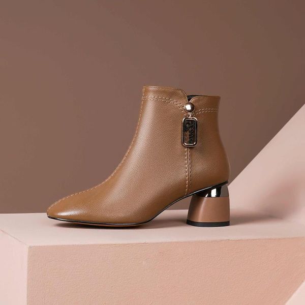 

boots lenkisen large size work real leather pendant all-match fashion round toe thick high heel zipper mature ankle l6f2, Black