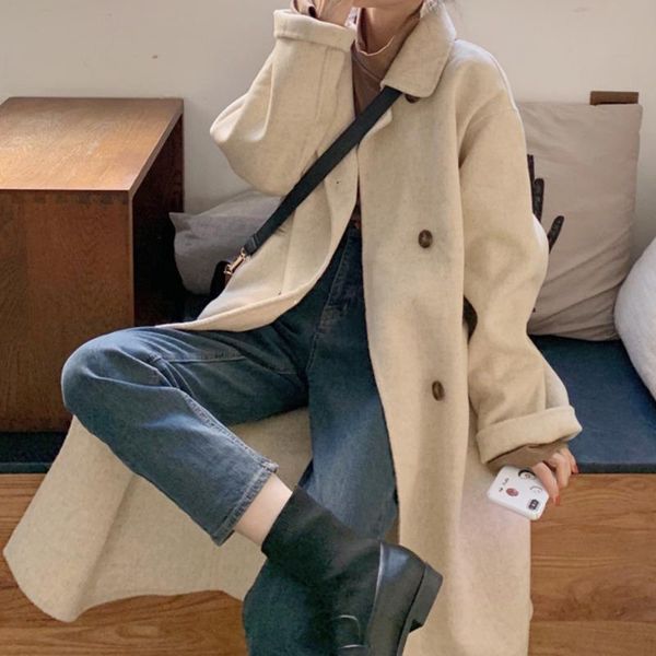 

women's wool & blends medium long woolen coat dress winter small 2021 design, Black