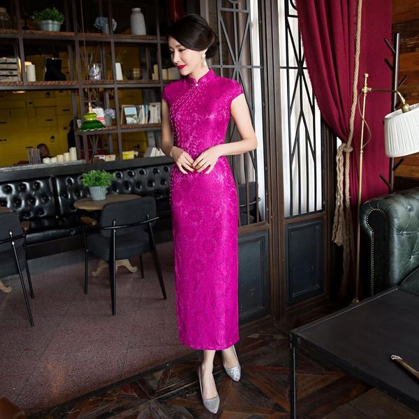 

ethnic clothing chinese bride wedding dress vintage lace beaded qipao women long slim cheongsam summer plus size 3xl 4xl vestidos, Red