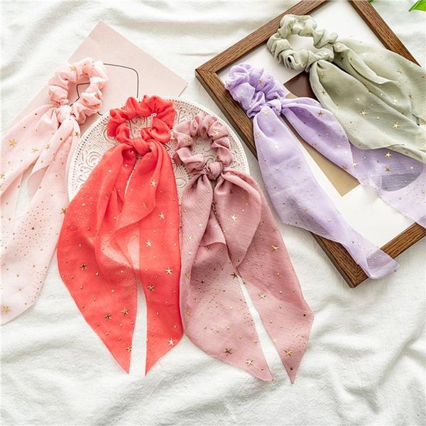 

hair accessories cute korea stars chiffon bow scrunchies shiny elastic band ponytail girls women streamers ties rope