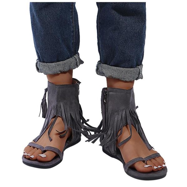 

sandals 2021 refreshing shoes sandal for women's summer suede open toe zipper flat non-slip tassel beach, Black