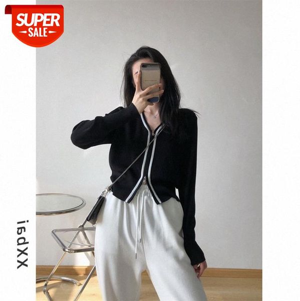 

zipper v-neck color-blocking knit sweater cardigan short coat long sleeve t-shirt women slim #hb4x, White
