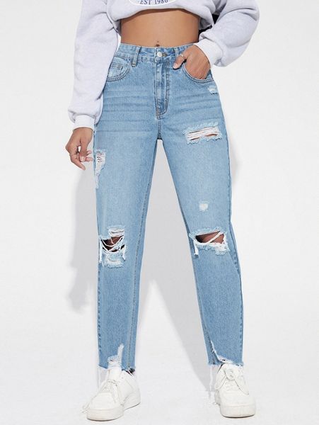 

high waisted ripped raw hem jeans t8px#, Blue
