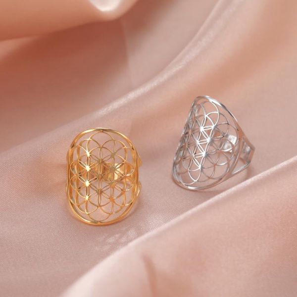 

cluster rings skyrim simple hollow flower of life ring adjustable gold color stainless steel finger for women jewelry gifts wholesale, Golden;silver