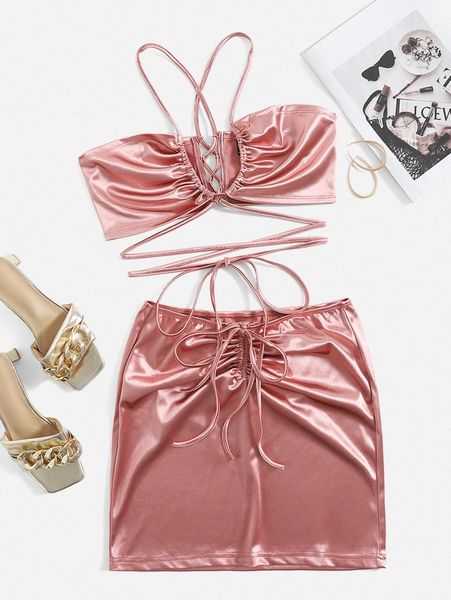 

crisscross knot satin crop & skirt set x8fk#, White