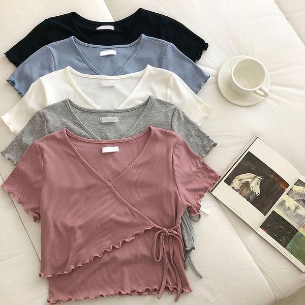 

summer product korean bm style niche design sense wood ear strap v-neck waist short thinner sleeve t-shirt women women's, White