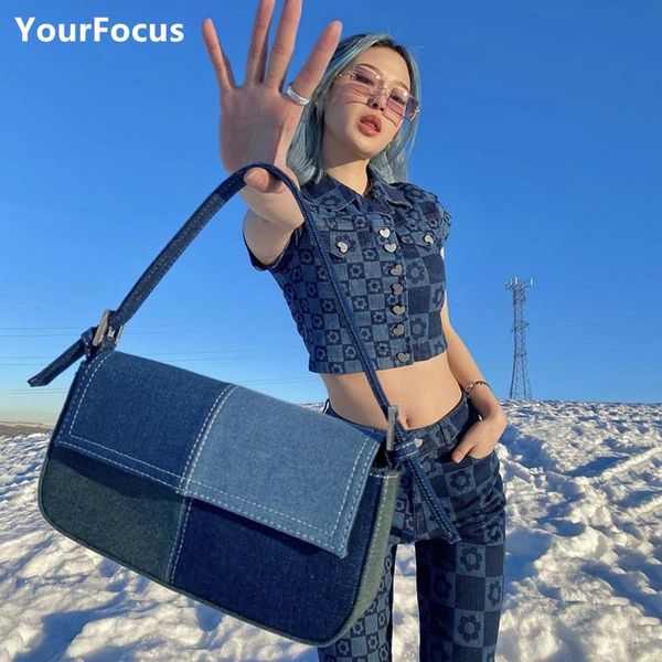 

bolsa feminina y2k punk retro denim splicing blue handbags for women baguette underarm bags designer bag handle cosmetic & cases