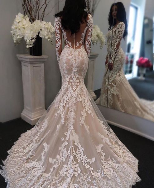 

chic illusion long sleeves lace mermaid wedding dresses bride champagne tulle appliques court train v neck bridal formal gowns button back s, White