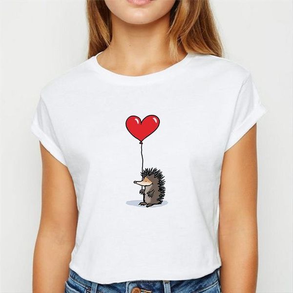 

hedgehog with dandelion harajuku womens casual fun yong girl tees, White