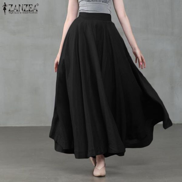

skirts zanzea elegant women summer spring casual long skirt jupe female high waist a-line party solid faldas saia streetwear, Black