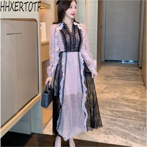 

spring fashion women sequined lace stitching mesh ruffled dress 210531, Black;gray