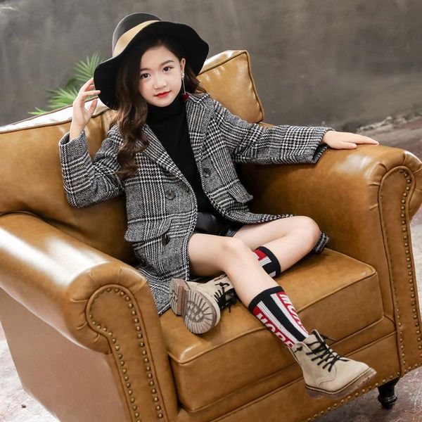

tench coats kids girl overcoat winter fashion houndstooth wool coat for girls teens autumn jacket warm long outerwear children windproof, Camo