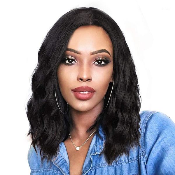 

lace front wig afro women black 13inches middle part small synthetic wigs for daily fake hair wave1