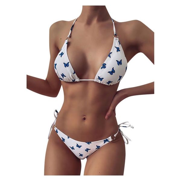 

women's swimwear butterfly print ruffled frilled thong bikini 2021 women female swimsuit micro string set bathing suit, White;black